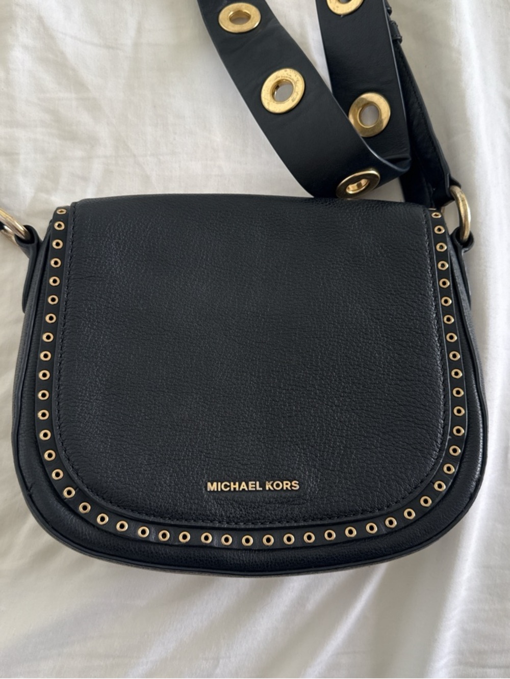 Authentic Michael Kors Black Leather Crossbody with Gold Eyelet Detail